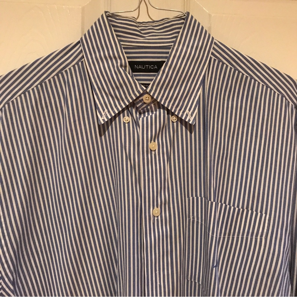 Nautica men’s button down shirt. Large blue and white striped